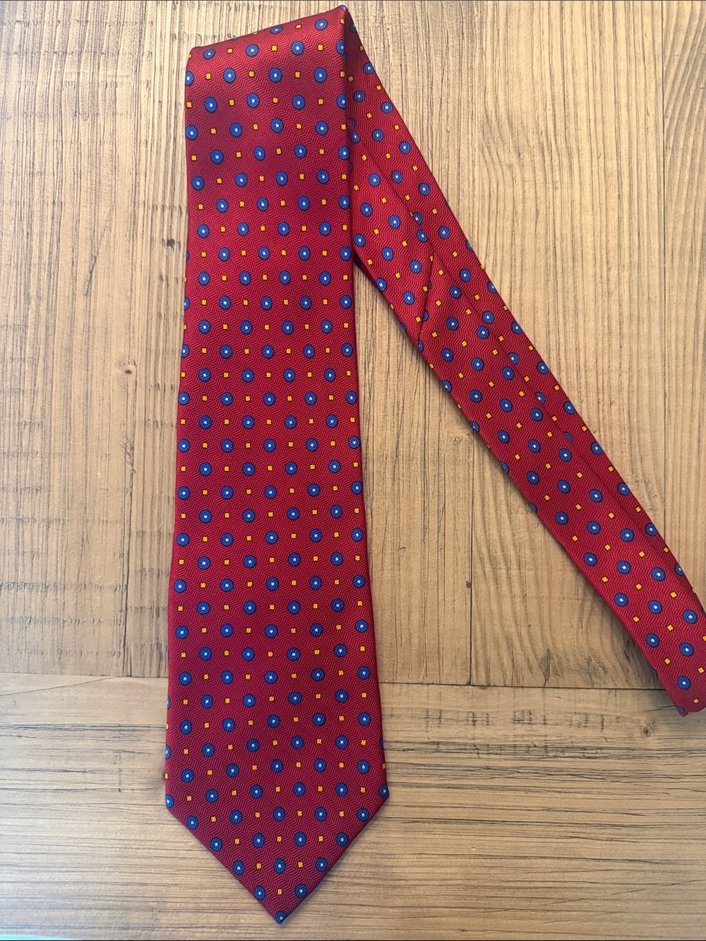 Ralph Lauren Red Silk Tie with Blue and Yellow Dot Motif